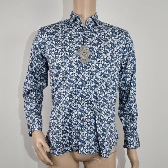 Luchiano Visconti Black Men's Shirt  Size S Long Sleeve Blue Skull (61) - Picture 2 of 9
